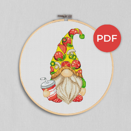 Pizza gnome, Cross stitch pattern, Kitchen cross stitch, Gnomes cross stitch, Modern cross stitch, Food cross stitch