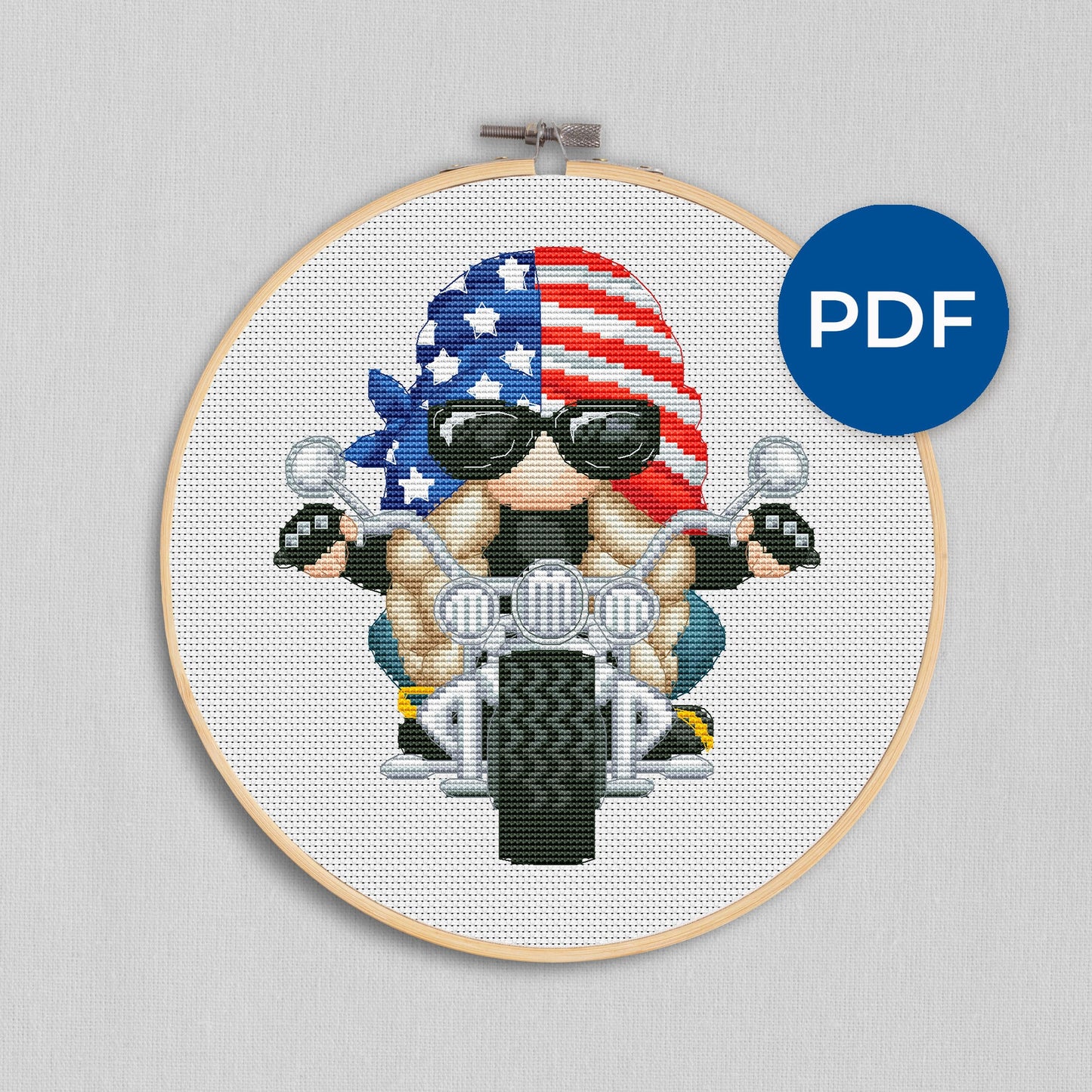 Female motorcyclist, Cross stitch pattern, Biker cross stitch, Counted cross stitch, Gnomes cross stitch, Patriotic cross stitch