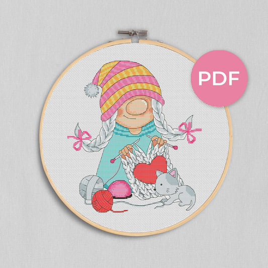 Knitter, Cross stitch, Counted cross stitch, Gnomes cross stitch, Girl cross stitch, Modern cross stitch, Cross stitch PDF