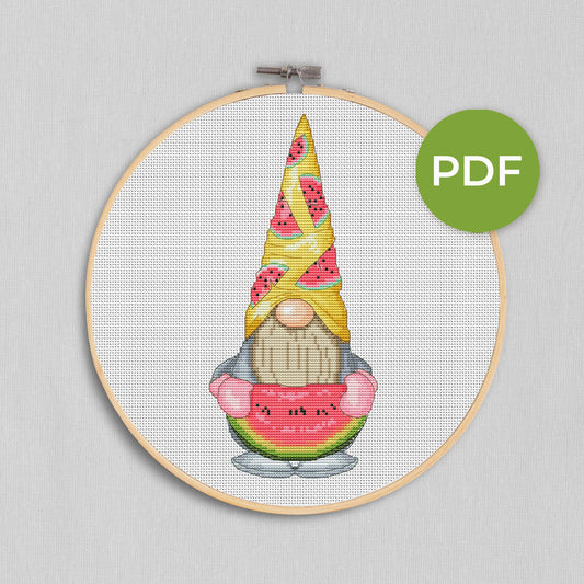 Watermelon gnome, Cross stitch pattern, Summer cross stitch, Gnomes cross stitch, Counted cross stitch, Fruit cross stitch