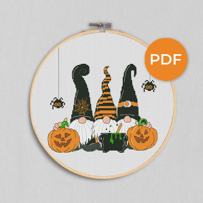 Halloween gnomes, Halloween cross stitch, Gnomes cross stitch, Cross stitch pattern, Pumpkins cross stitch, Bats cross stitch