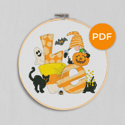 Halloween LOVE, Halloween cross stitch, Gnomes cross stitch, Modern cross stitch, Cross stitch pattern