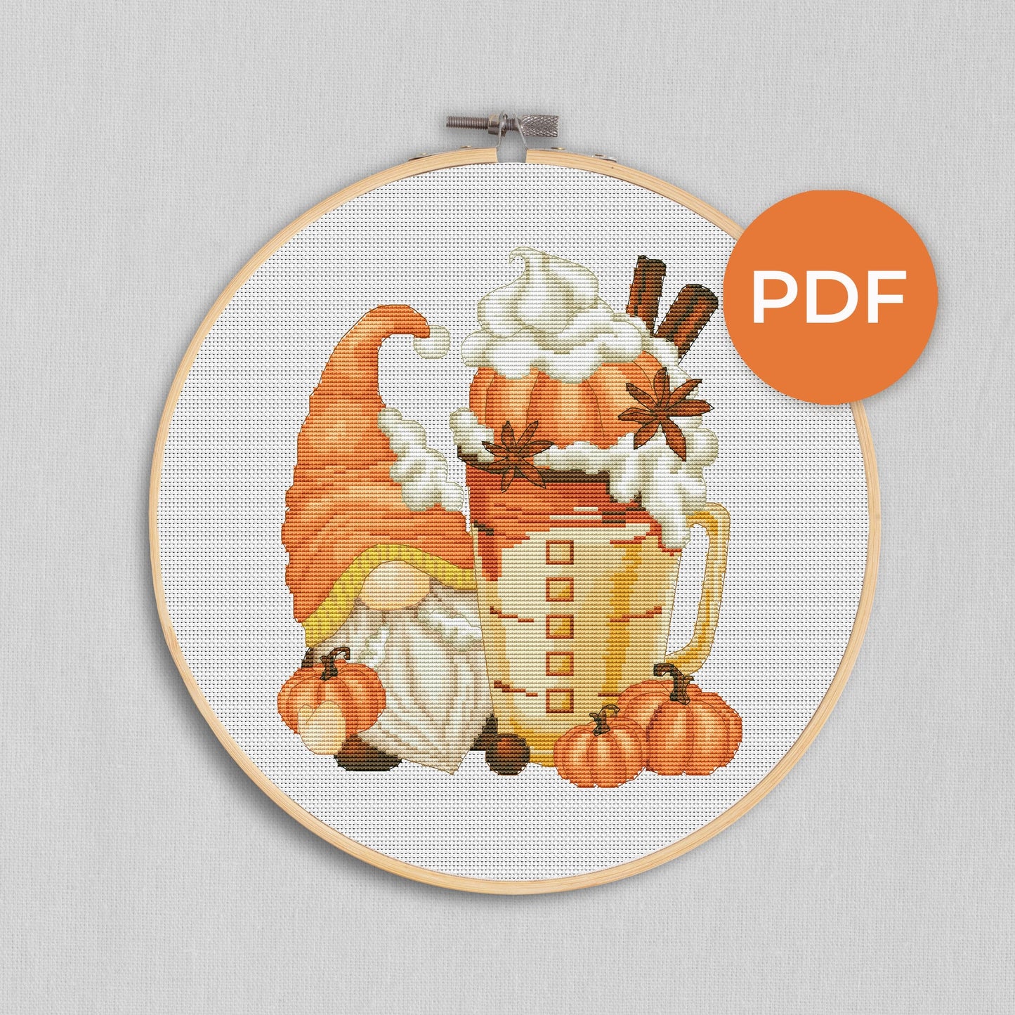 Pumpkin latte, Cross stitch pattern, Pumpkins cross stitch, Gnomes cross stitch, Autumn cross stitch, Coffee cross stitch