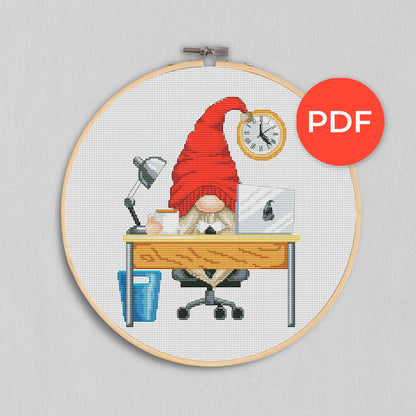 Office gnome, Cross stitch pattern, Office cross stitch, Gnomes cross stitch, Counted cross stitch, Modern cross stitch