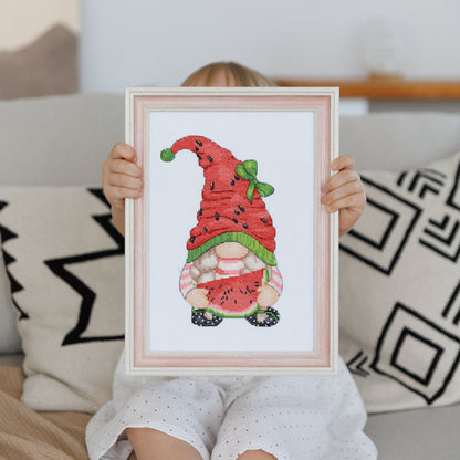 Watermelon girl, Cross stitch, Summer cross stitch, Gnomes cross stitch, Counted cross stitch, Fruit cross stitch, Modern cross stitch