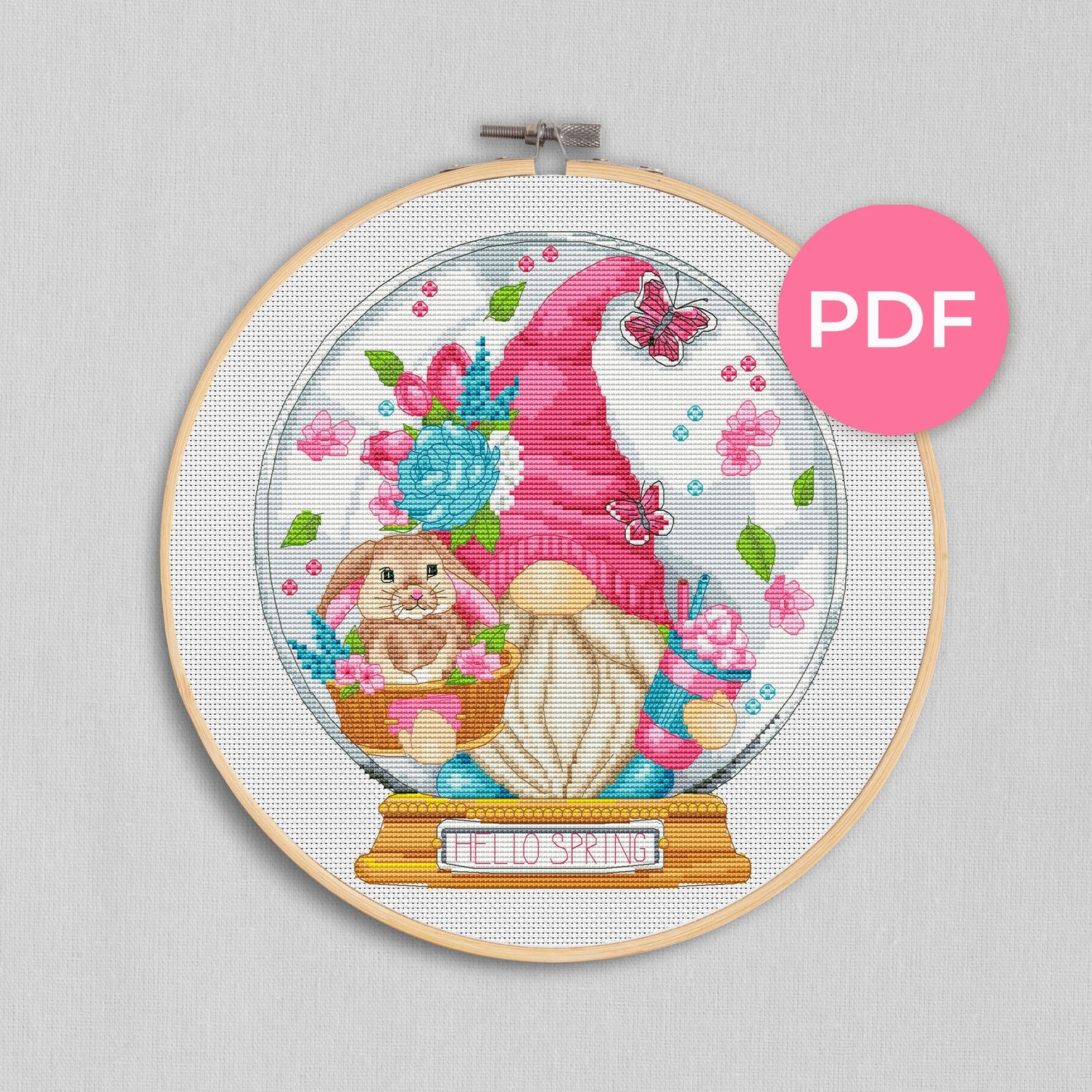 Spring gnome, Cross stitch pattern, Gnomes cross stitch, Modern cross stitch, Counted cross stitch pattern, Floral cross stitch