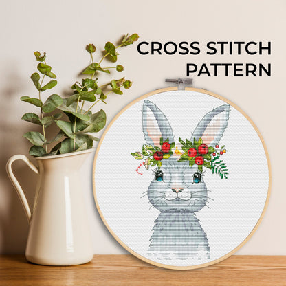 Cross stitch pattern, Christmas bunny, Animal cross stitch, Floral cross stitch