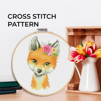 Cross stitch pattern, Fox pattern, Animal cross stitch, Floral cross stitch