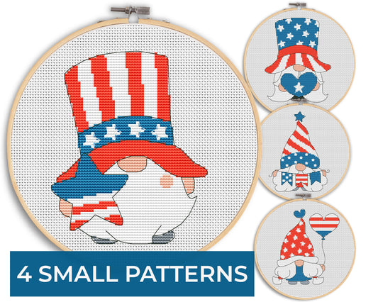 Cross stitch pattern, Small cross stitch, Patriotic, Gnomes cross stitch, Counted cross stitch