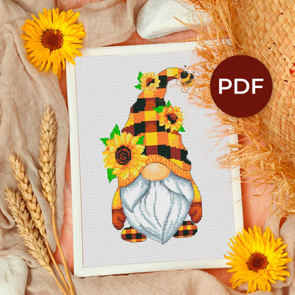 Sunflowers gnome, Cross stitch, Floral cross stitch, Gnomes cross stitch, Modern cross stitch, Flowers cross stitch