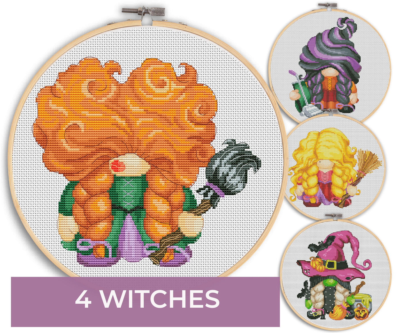 4 Witches, Cross stitch patterns, Witch cross stitch, Gnomes cross stitch