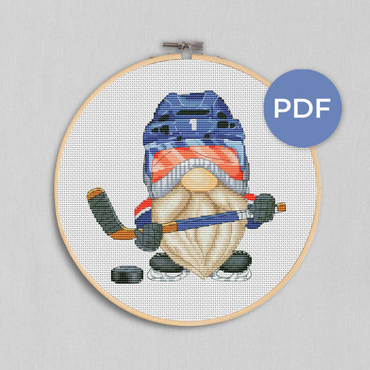 Hockey gnome, Cross stitch pattern, Sport cross stitch