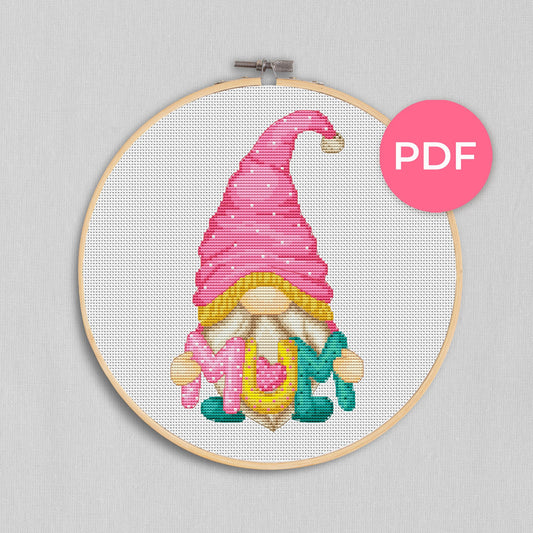 Mother Day gnome, Cross stitch, Floral cross stitch, Gnomes cross stitch, Modern cross stitch