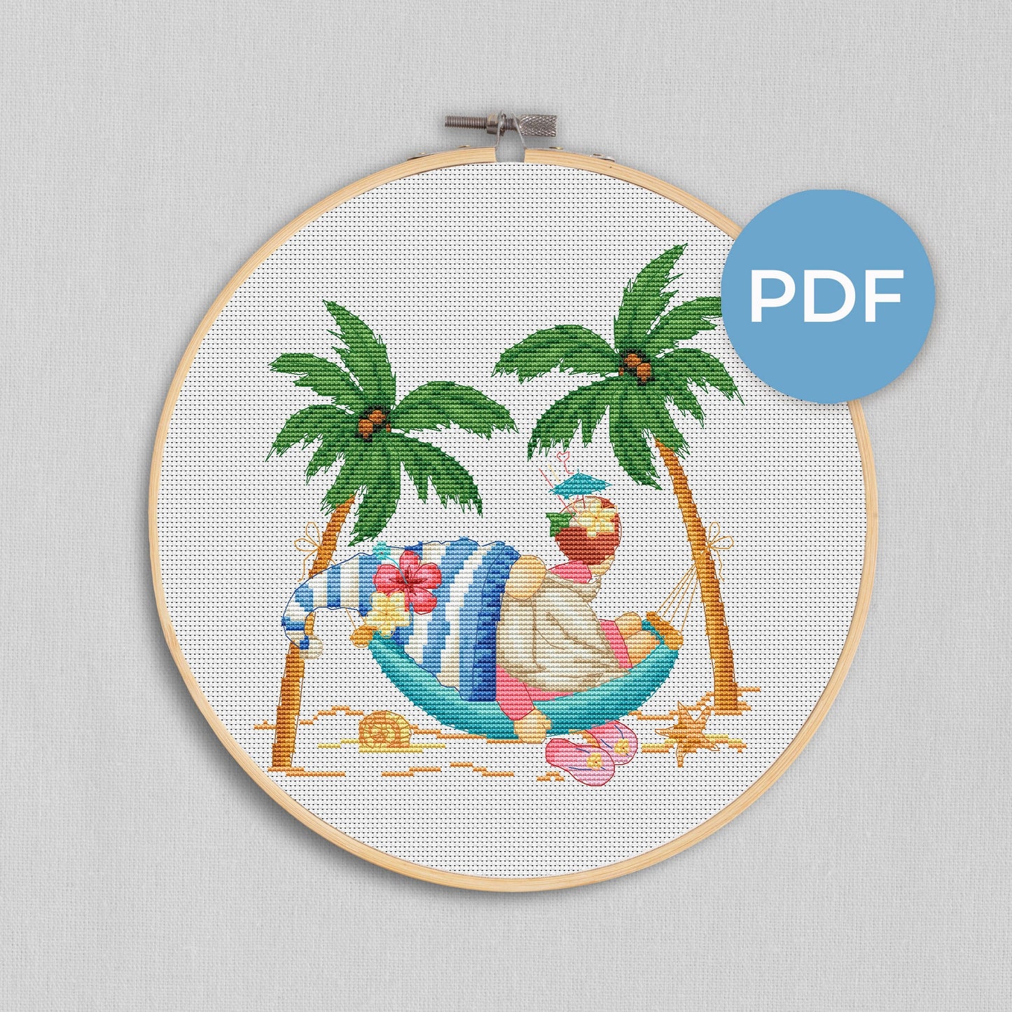 A gnome in a hammock, Cross stitch, Gnomes cross stitch, Summer cross stitch