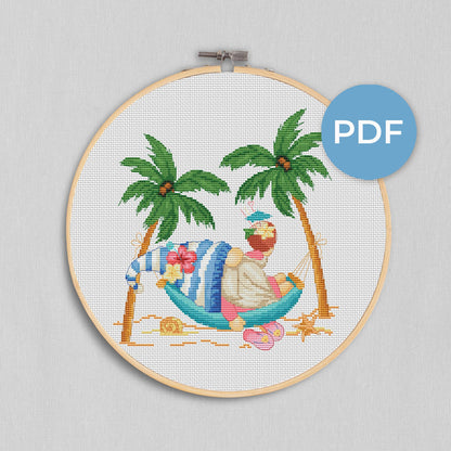 A gnome in a hammock, Cross stitch, Gnomes cross stitch, Summer cross stitch