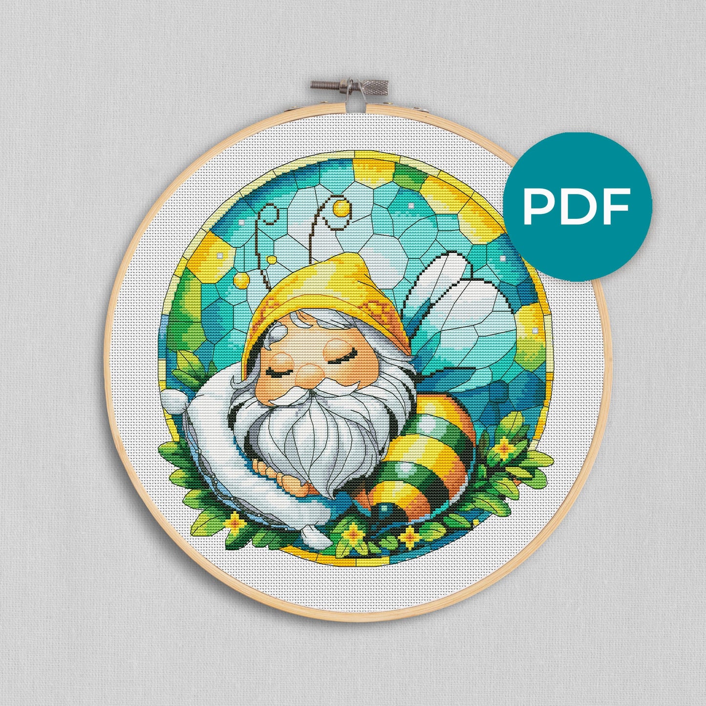 Counted cross stitch pattern Gnome bee Stained Glass