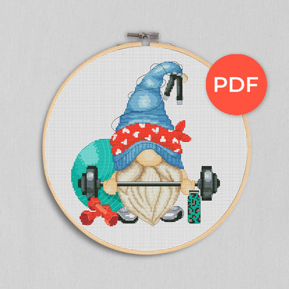 Gnome at the gym, Gnome cross stitch, Counted cross stitch