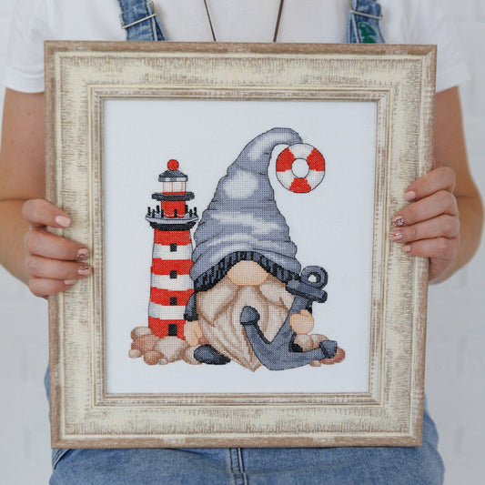 Cross stitch pattern Gnome with lighthouse