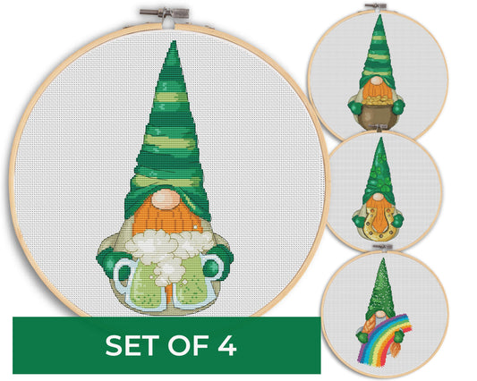 4 Cross stitch patterns Patrick Day Gnomes