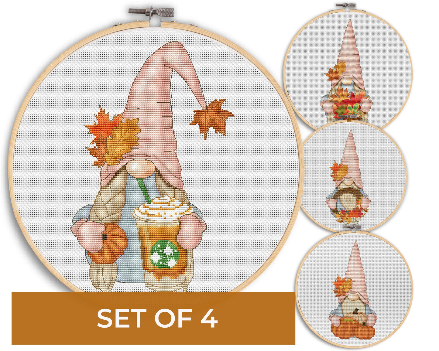 4 Cross stitch patterns, Autumn gnomes