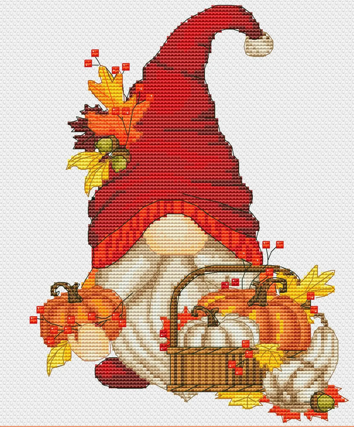 Cross Stitch Pattern Fall Gnome with Pumpkins, Cozy DIY Embroidery