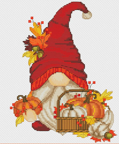 Cross Stitch Pattern Fall Gnome with Pumpkins, Cozy DIY Embroidery