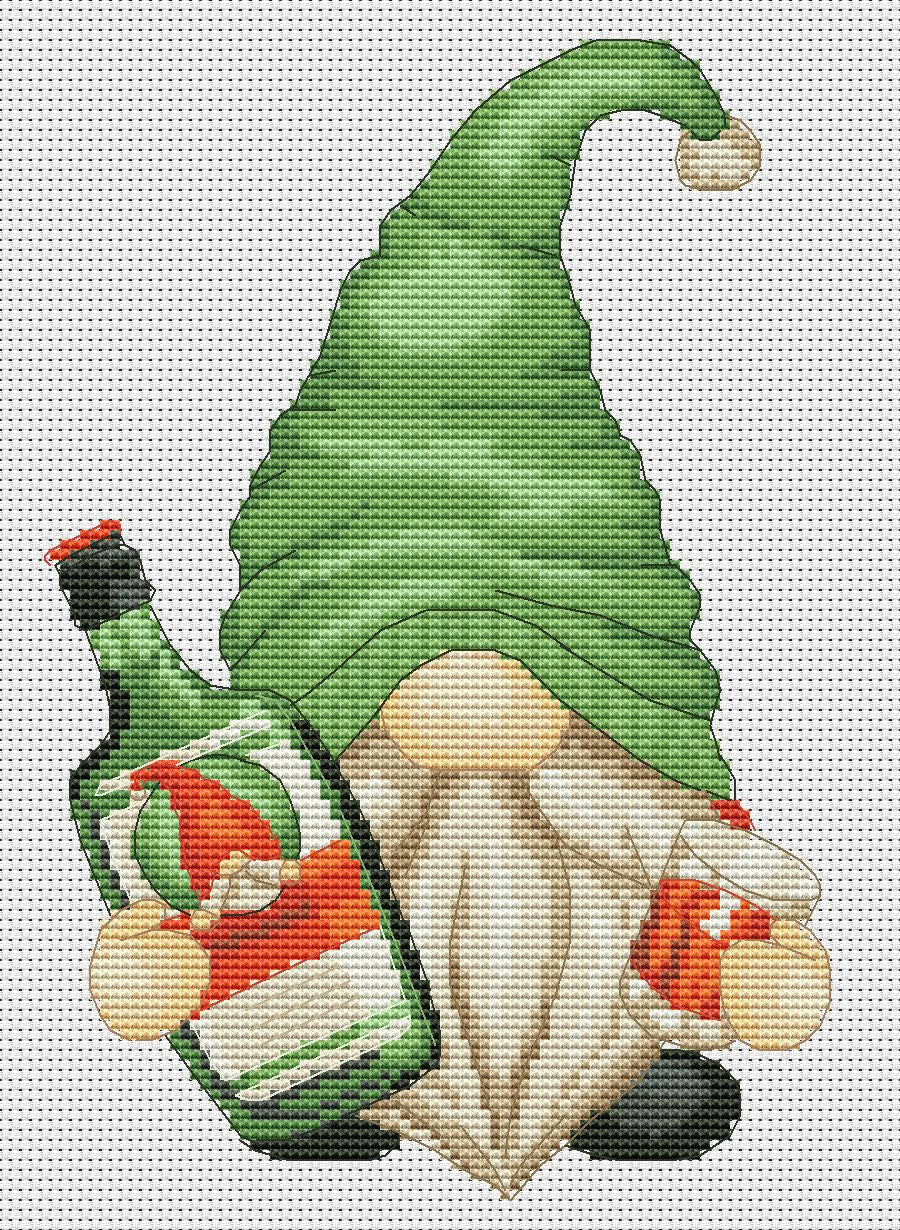 Gnome with herbal liqueur, Cross stitch pattern, Counted cross stitch, Gnome cross stitch