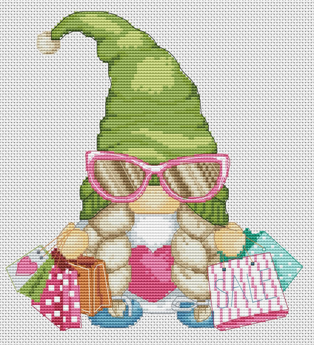 Shopping girl, Cross stitch, Shopping cross stitch, Gnomes cross stitch, Modern cross stitch, Funny cross stitch