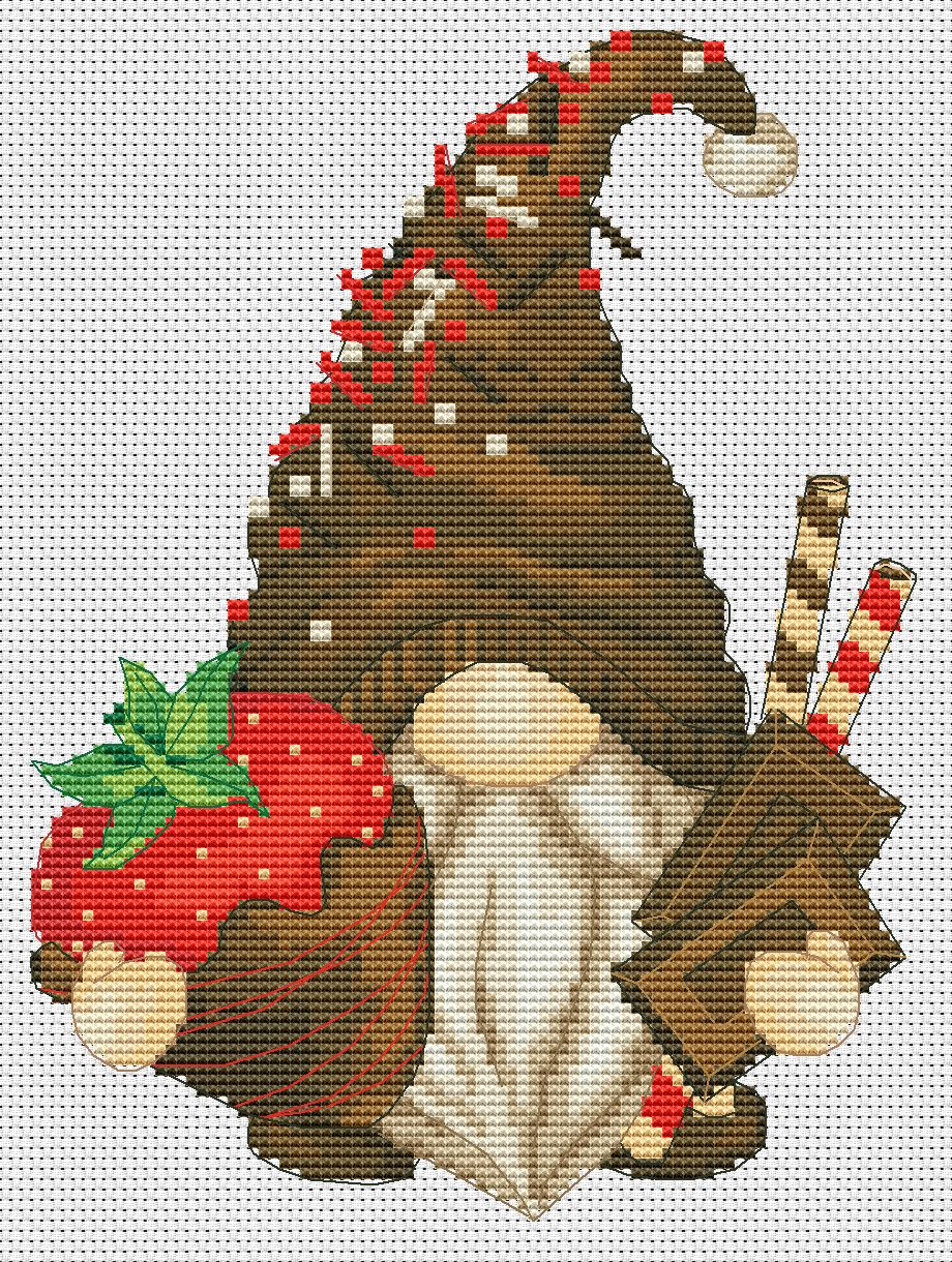 Strawberries in chocolate, Cross stitch, Strawberry cross stitch, Gnomes cross stitch, Modern cross stitch, Funny cross stitch