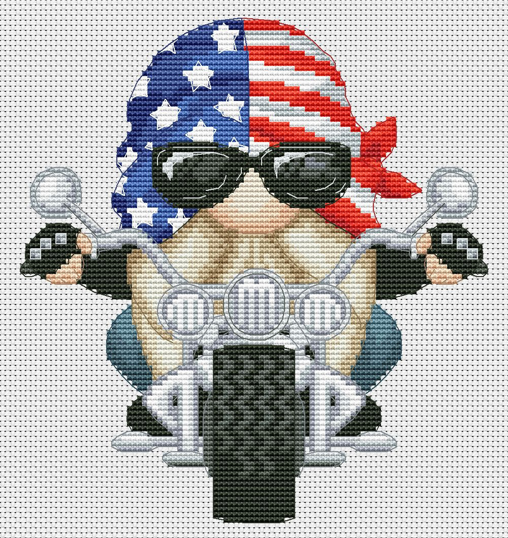 Motorcyclist, Cross stitch pattern, Biker cross stitch, Gnomes cross stitch, Patriotic cross stitch