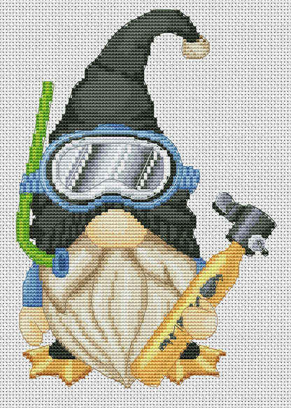 Diving gnome, Cross stitch pattern, Counted cross stitch