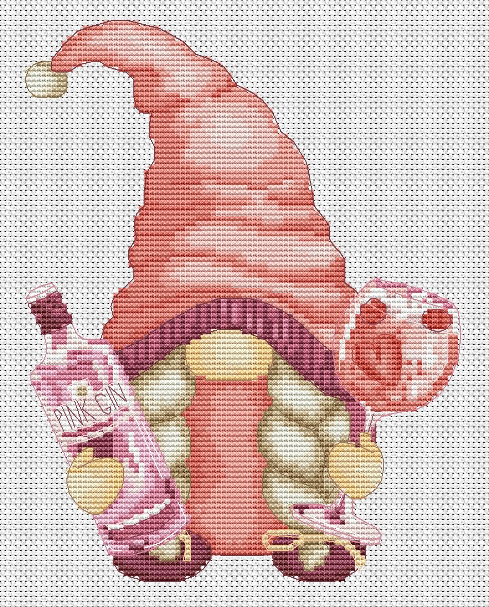 Female with pink gin, Cross stitch, Gnomes cross stitch, Modern cross stitch, Funny cross stitch, Bar decor