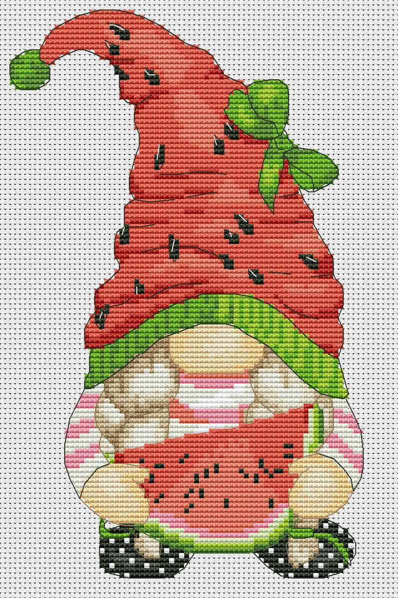 Watermelon girl, Cross stitch, Summer cross stitch, Gnomes cross stitch, Counted cross stitch, Fruit cross stitch, Modern cross stitch