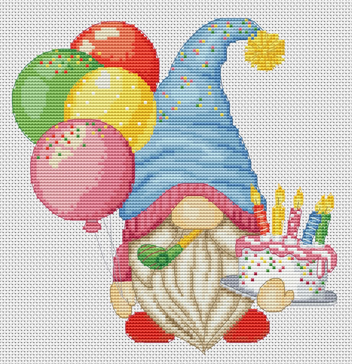 Birthday Party Gnome, Cross stitch pattern