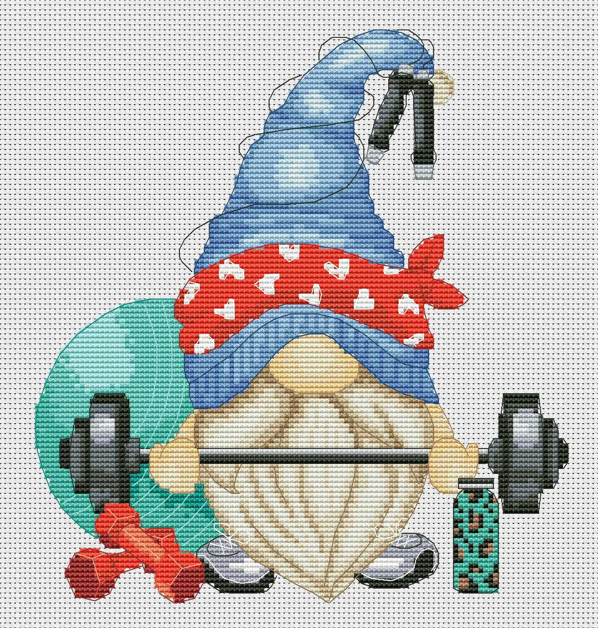 Gnome at the gym, Gnome cross stitch, Counted cross stitch