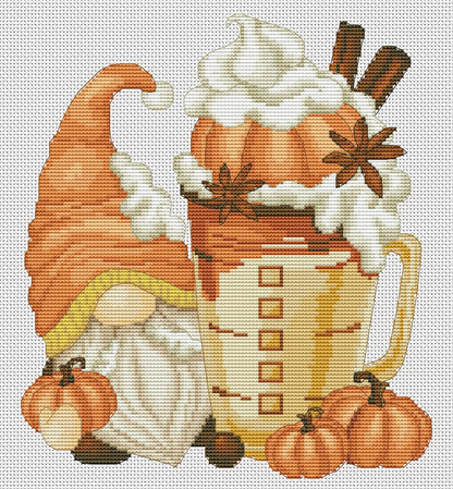 Pumpkin latte, Cross stitch pattern, Pumpkins cross stitch, Gnomes cross stitch, Autumn cross stitch, Coffee cross stitch