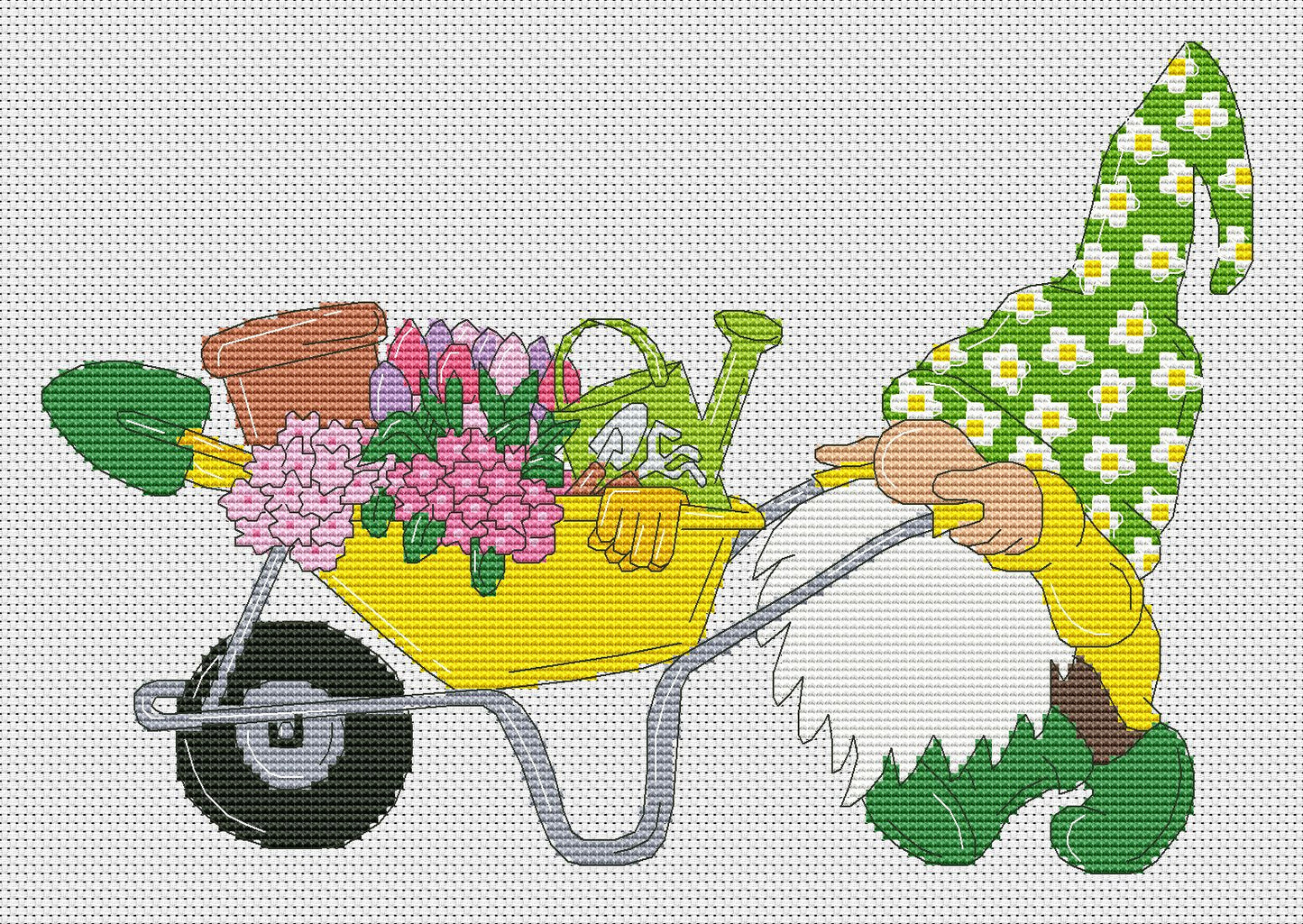 Garden gnome, Cross stitch pattern, Gnomes cross stitch,  Floral cross stitch, Spring cross stitch, Funny cross stitch