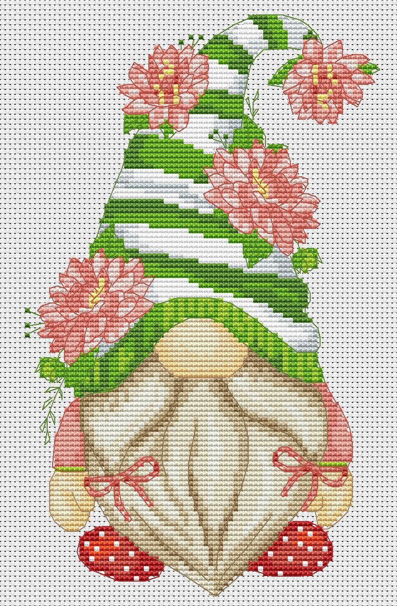 Peonies gnome, Cross stitch, Floral cross stitch, Gnomes cross stitch, Modern cross stitch, Flowers cross stitch