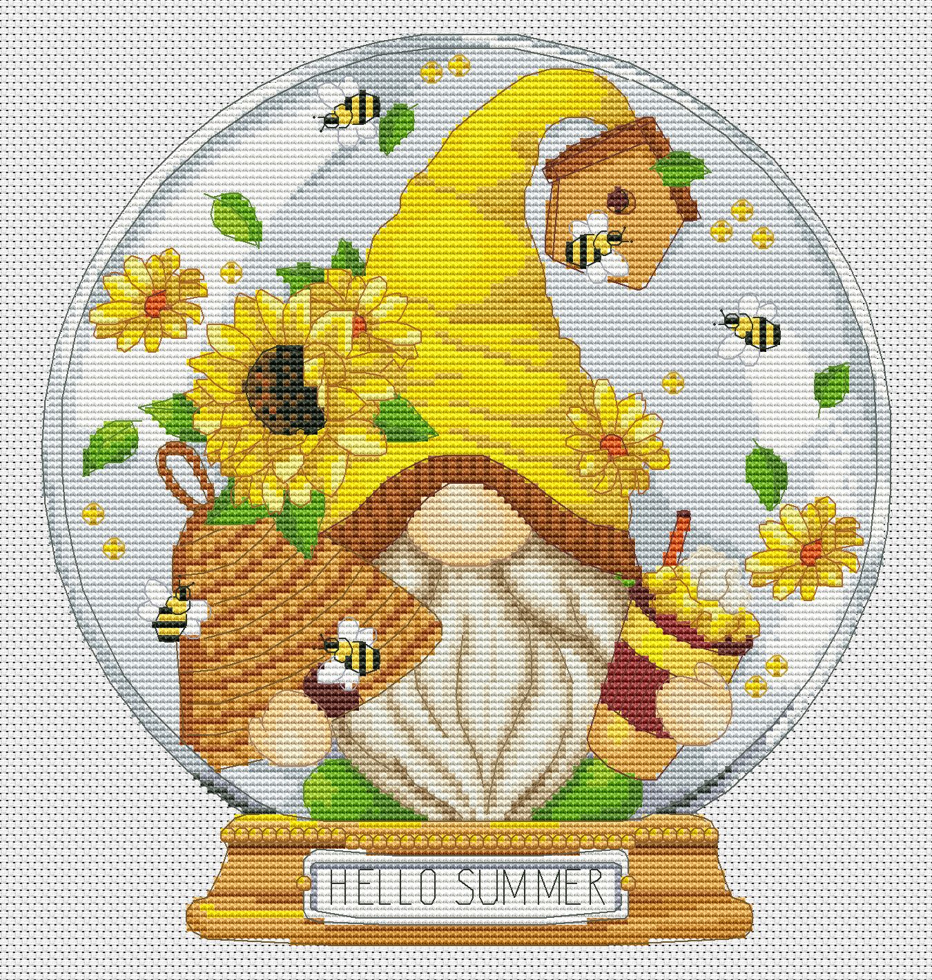 Hello summer, Cross stitch, Floral cross stitch, Bee cross stitch, Gnomes cross stitch, Modern cross stitch, Cross stitch pattern