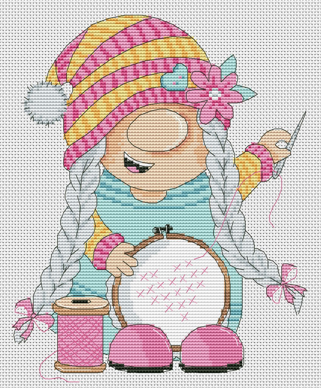 Embroiderer, Cross stitch, Counted cross stitch, Gnomes cross stitch, Craft room decor