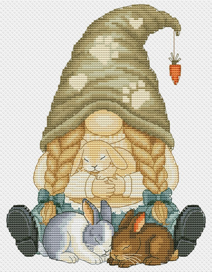 Cozy Bunny Gnome Cross Stitch Pattern – Cute Gnome with Rabbits PDF