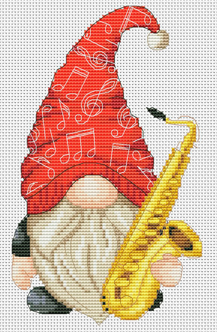 Saxophonist, Cross stitch pattern, Gnomes cross stitch, Modern cross stitch, Music cross stitch, Counted cross stitch