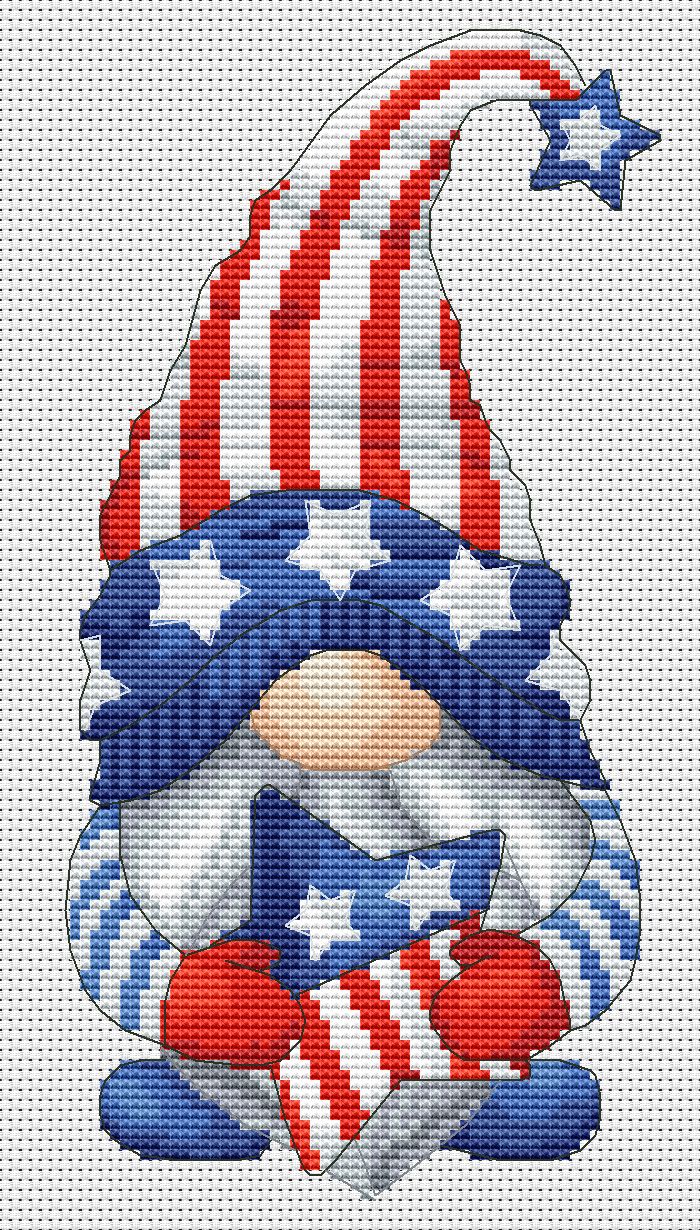 Patriotic gnome, Cross stitch, 4th July cross stitch, Gnomes cross stitch, Modern cross stitch