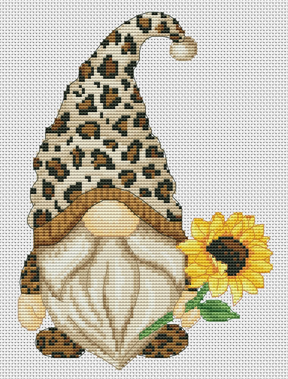 Leopard gnome, Cross stitch pattern, Sunflowers cross stitch, Gnomes cross stitch, Modern cross stitch