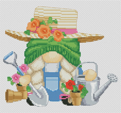 Female Gardener, Cross stitch pattern, Gnomes cross stitch,  Floral cross stitch, Spring cross stitch, Funny cross stitch