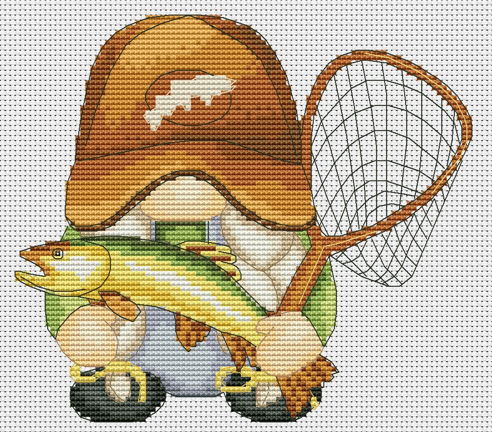 Fisherwoman, Cross stitch pattern, Fishing cross stitch, Counted cross stitch, Gnomes cross stitch