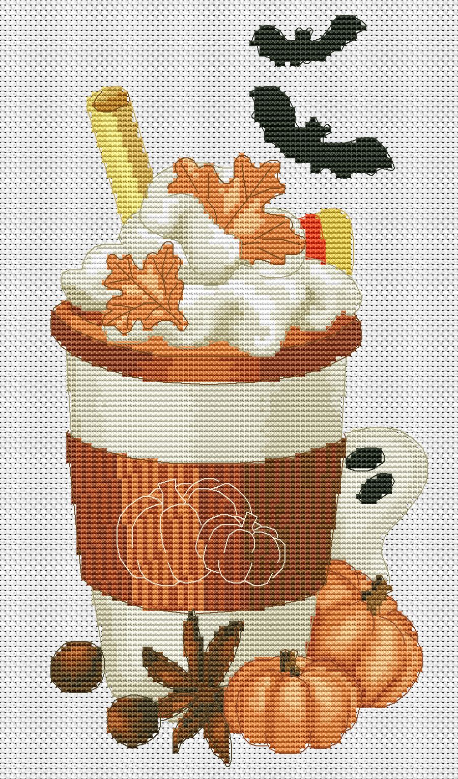 Halloween coffee, Cross stitch pattern, Coffee cross stitch, Ghost cross stitch, Modern cross stitch, Pumpkin cross stitch, Bat cross stitch