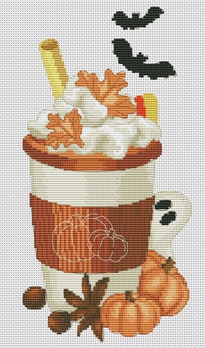 Halloween coffee, Cross stitch pattern, Coffee cross stitch, Ghost cross stitch, Modern cross stitch, Pumpkin cross stitch, Bat cross stitch