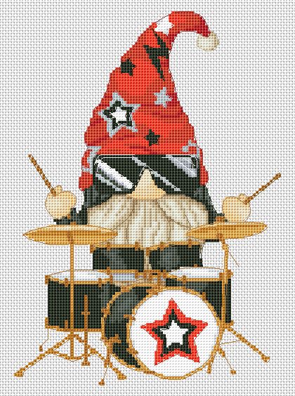 Drummer, Cross stitch, Gnomes cross stitch, Modern cross stitch