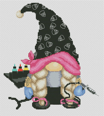 Tattoo artist female, Cross stitch pattern, Cross stitch, Counted cross stitch, Gnomes cross stitch, Tattoo artist gift